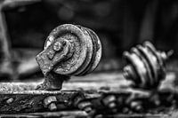Still life of a pulley in black and white. (industrial photo)