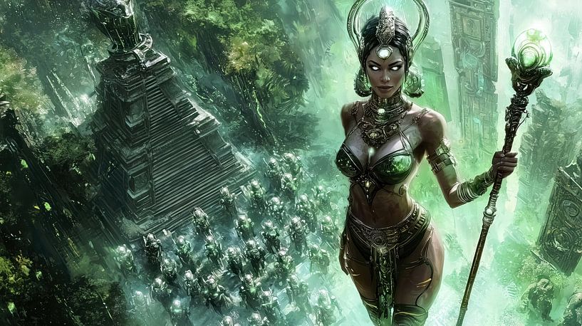 Magical priestess leads warriors to the temple by Frank Heinz