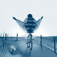 Der dicke Wuuf auf einem Fahrrad in den Dünen.