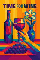 Vin avec bouteille, raisins et peinture de fleurs.