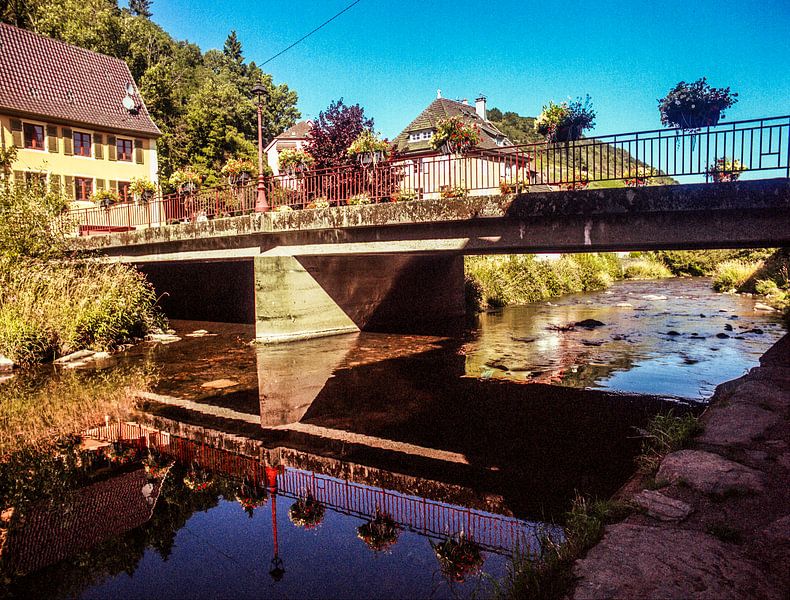 Bridge over the Thür (Vosges) with retro colours like a vintage postcard by Jan Willem de Groot Photography
