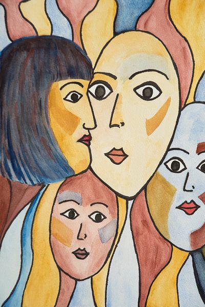 Unbekannte Gesichter (Fröhlich farbige Malerei mit 4 Gesichtern im kubistischen Stil) von Birgitte Bergman