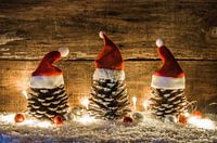 Funny Christmas time decoration with pine cones ornate with red santa hats, balls and shiny light