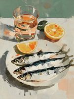 Still life of sardines on a plate with lemon and water