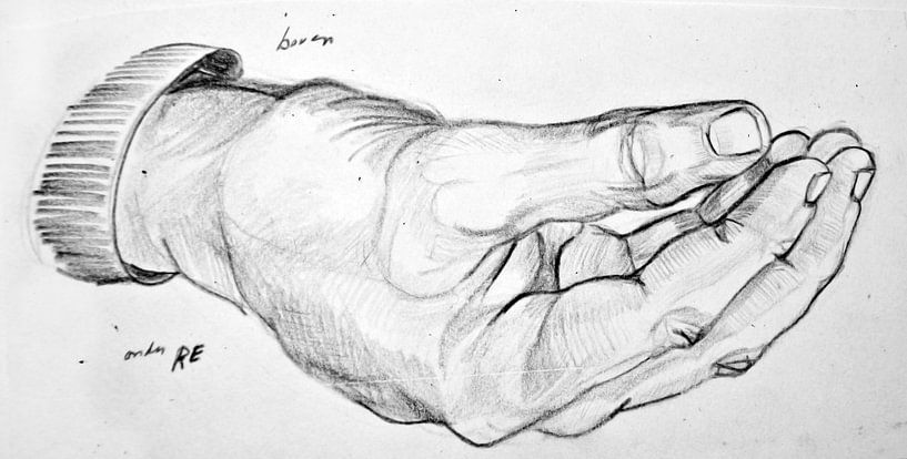 Drawing of a hand in black and white. by Therese Brals