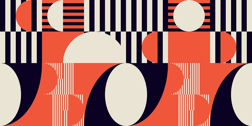 Geometrisches Retro-Kunstwerk mit Kreisen und Streifen in Schwarz, Orange von Dina Dankers