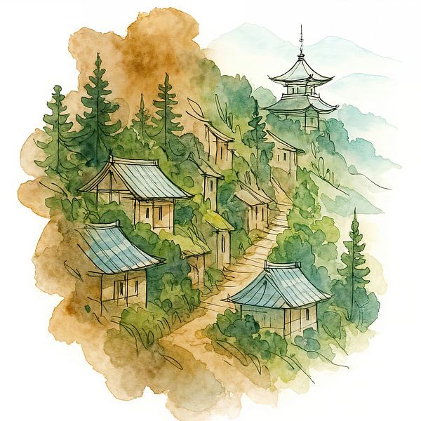 Village de montagne au Japon (AI) (temple, pagode, reposant, aquarelle, peinture, Asie, nature) par Natalie Bruns