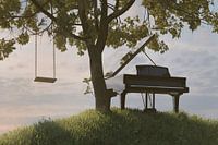Piano grand piano on green hill next to maple tree and swing