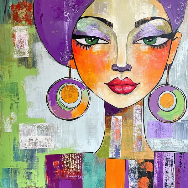 Femme abstraite colorée avec des boucles d'oreilles aux accents violets par TheXclusive Art