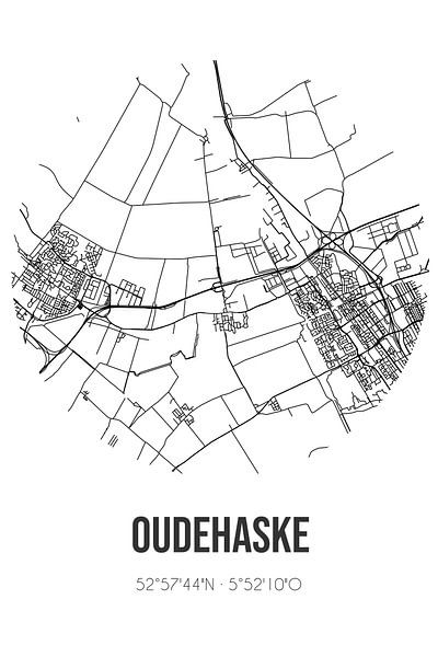 Oudehaske (Fryslan) | Karte | Schwarz und Weiß von Ortsdrucke