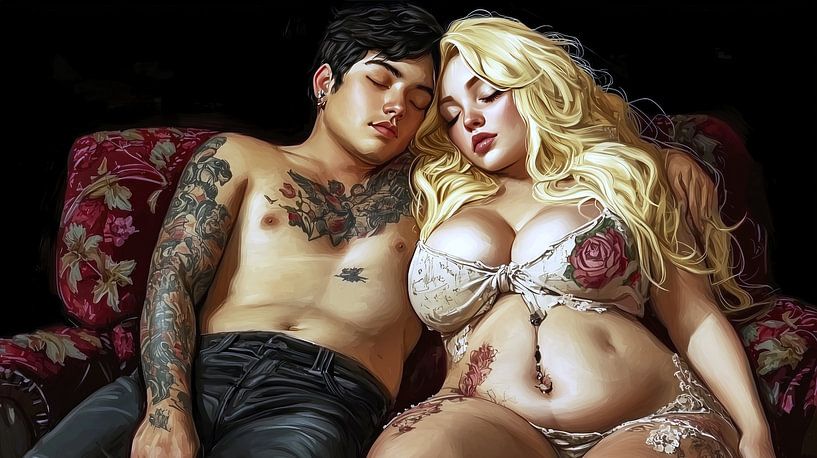 Tattooed young couple resting on vintage sofa by Frank Heinz