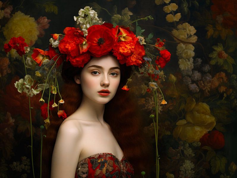 Die geheimnisvolle Schönheit einer Frau mit einer üppigen roten Blütenkrone von Glitzy Fusion Frames