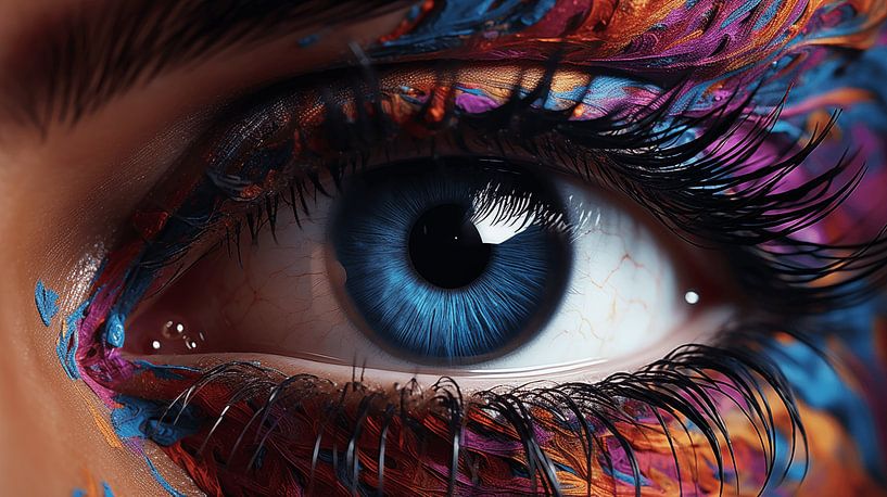 Close-up of a blue eye with colourful make-up watercolour oil painting design by Animaflora PicsStock