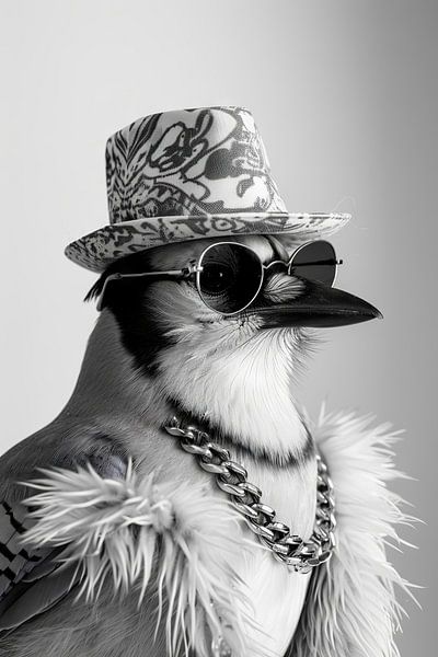 Oiseau stylisé avec chapeau et lunettes de soleil en noir et blanc par Poster Art Shop