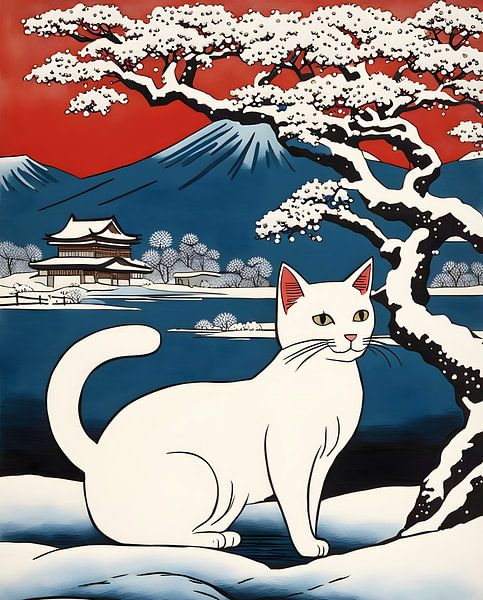 Chat blanc dans un paysage enneigé par Woodblocks en Posters