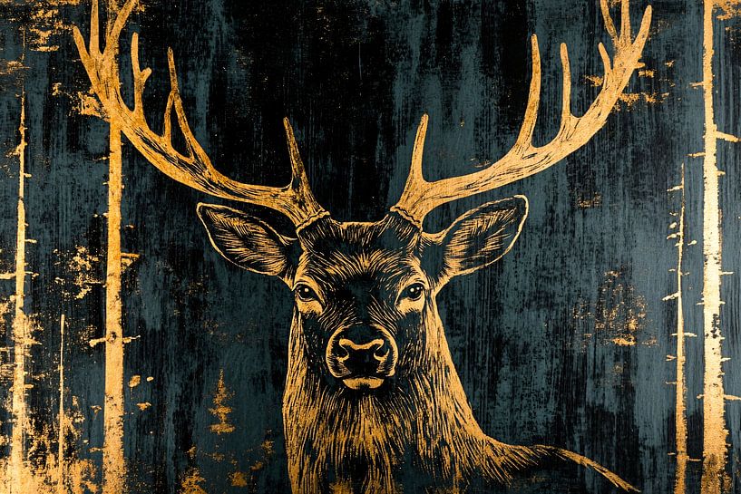 Goldener Hirsch mit Waldhintergrund von Art & Soul Creations