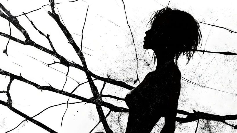 Silhouette einer Frau vor kahlen Ästen von Frank Heinz
