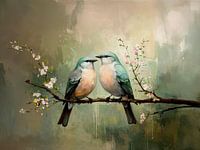Two romantic birds on a blossom branch