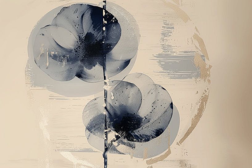 Blue flowers, modern and abstract minimalism in wabi-sabi style by Japandi Art Studio