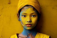 Gelb und Blau: Ein künstlerisches Porträt eines Mädchens aus Myanmar