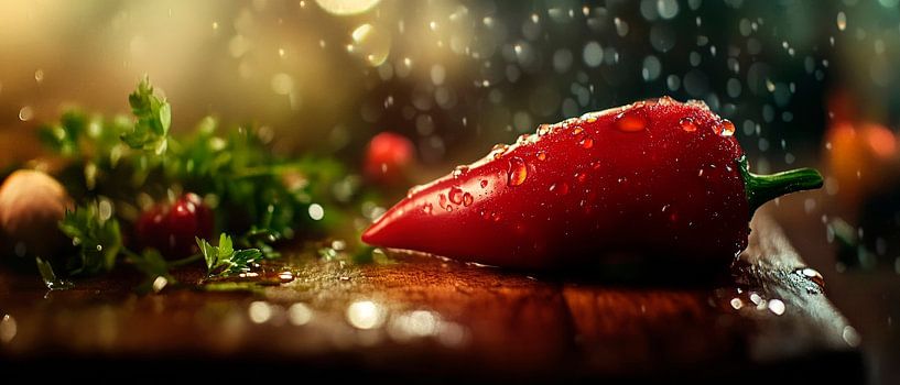 Frische Paprika mit Wassertropfen von Poster Art Shop