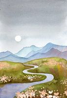 Blau Gray Hills Mountain Landschaft mit Fluss und Mond