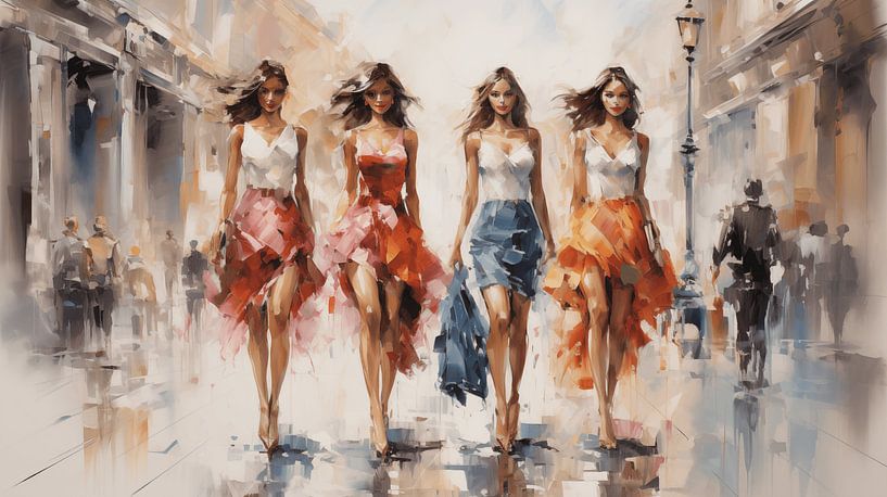 Abstract painting of four women shopping in the city, watercolour acrylic art design by Animaflora PicsStock