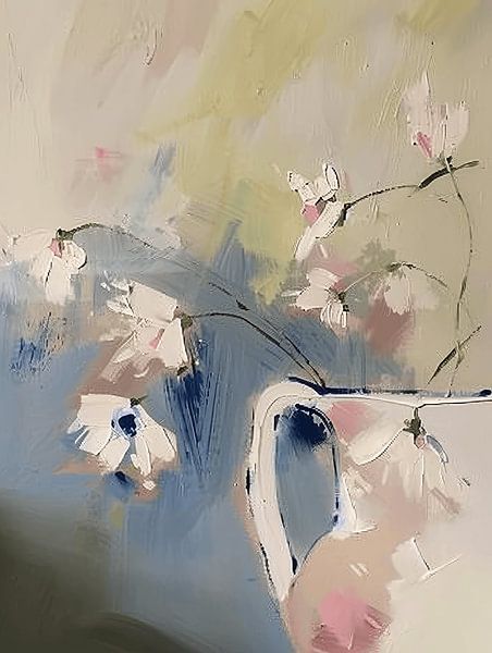 Abstract flowers in vase, in pastel colours by Japandi Art Studio