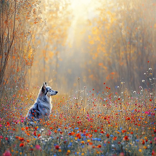 Morgendämmerung - Der Hund im Blumenfeld von Karina Brouwer