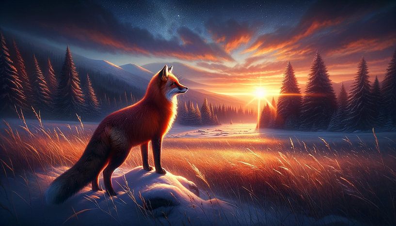 Evening glamour in the winter realm: Fox watches the sunset by artefacti