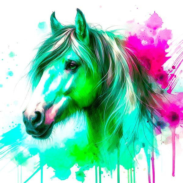 Abstract colour neon watercolour of a horse by Ineke de Rijk
