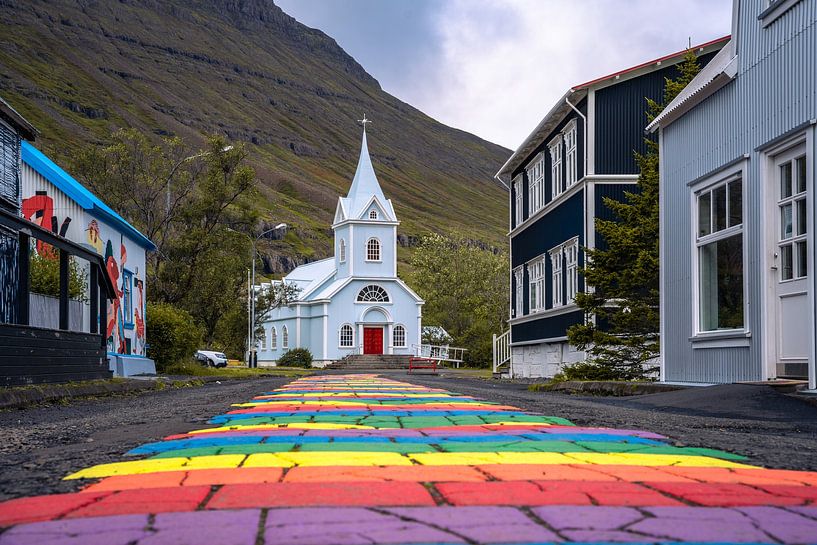 Seydisfjardarkirkja Blue Church in Seydisfjordur in Iceland by Thilo Wagner