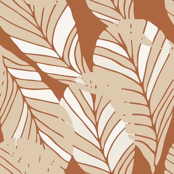 Boho stijl bladeren in retro kleuren. Moderne botanische kunst in beige, wit op terra van Dina Dankers