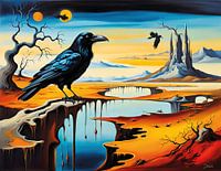 Rabe in surrealistischer Landschaft im Dalí-Stil