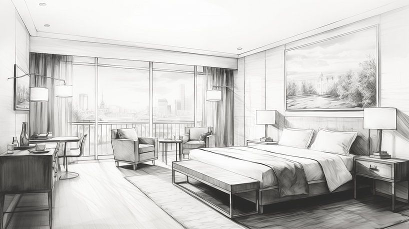 Raumplanung im Hotel, Zeichnung, Hotelzimmer-Bleistiftzeichnung im Vintage-Stil von Animaflora PicsStock