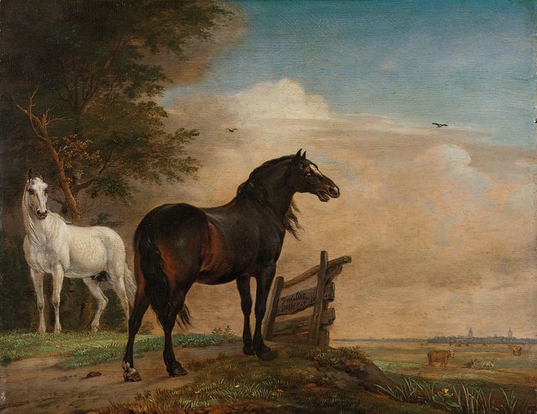 Two horses in the meadow by a fence, Paulus Potter, 1649 by Masterful Masters
