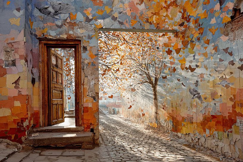 Tür und Straße voller Herbstblätter - verträumte Street Art Malerei von BowiScapes Abstrakt und digitale Kunst
