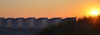 Sunset on the Belgian coast, beach cottages and dunes.