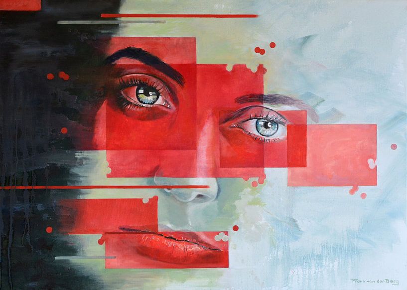 Dame verte avec des carrés rouges par VDB schildersatelier