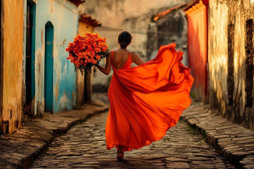 Femme en robe orange et bouquet de fleurs par Poster Art Shop
