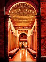 Brick Archway with Columns in Rimini historical center by night