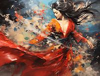 Dancing Japanese woman in a long elegant dress. Portrait. Wall Art. Digital Deco Wall Art. Acrylic