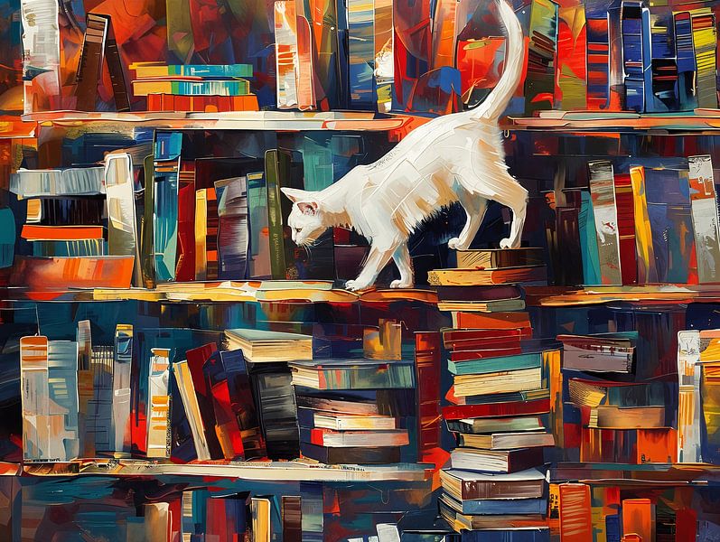 Weiße Katze in der Bibliothek - Umzug von Littlewhitecat