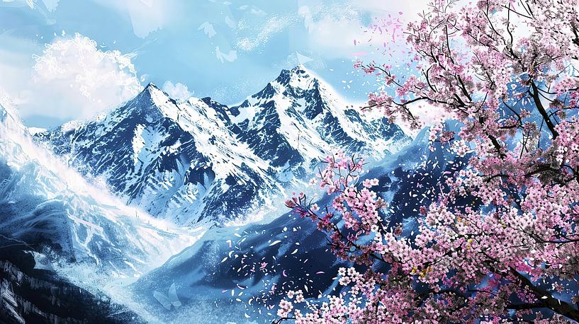 Des cerisiers en fleurs sur fond de montagnes enneigées par Frank Heinz