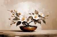 Atmospheric Japandi art still life in soft tones with gold