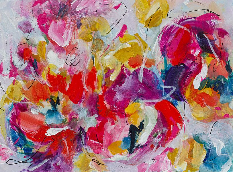 Poppy Party - colourful abstract flower painting by QEIMOY