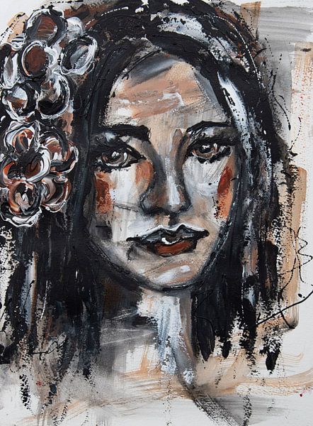 Painting portrait woman with flowers by Bianca ter Riet