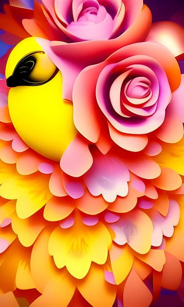 Leuchtendes Gelb und Blumen IV - Gelber Vogel und Rosen - figurative Illustration von Lily van Riemsdijk - Art Prints with Color