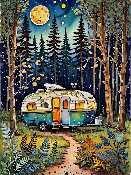 Caravane illuminée sous un ciel de lune magique par Bart Veeken