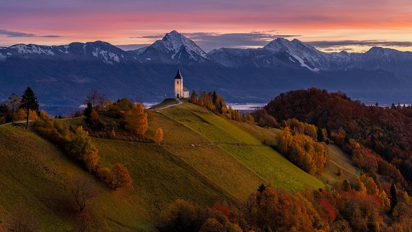 Slovenia, Jamnik, Church of St Primus at sunrise by Thomas Rieger